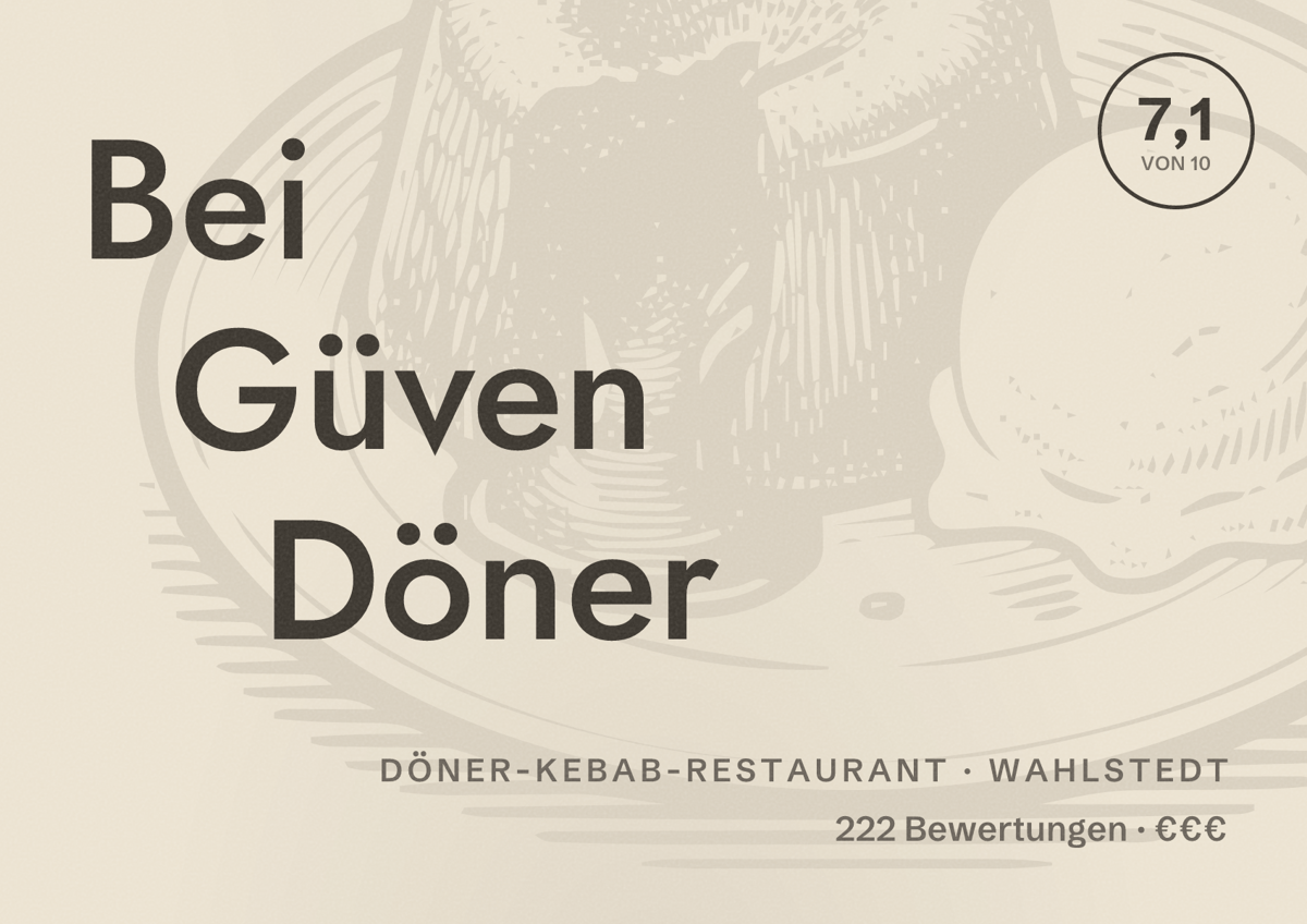 Illustriertes Poster von Bei Güven Döner, Döner-Kebab-Restaurant in Wahlstedt: Bewertung 7,1 von 10 aus 222 Bewertungen, Preisniveau €€€