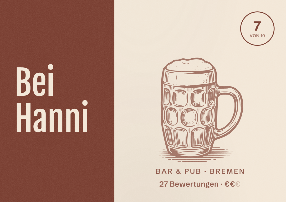 Illustriertes Poster von Bei Hanni, Bar & Pub in Bremen: Bewertung 7 von 10 aus 27 Bewertungen, Preisniveau €€