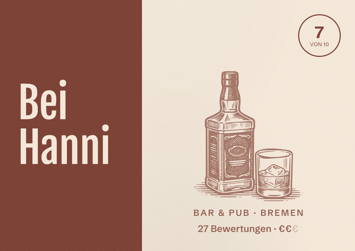 Illustriertes Poster von Bei Hanni, Bar & Pub in Bremen: Bewertung 7 von 10 aus 27 Bewertungen, Preisniveau €€