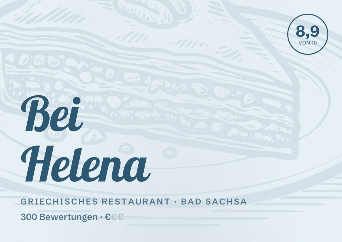 Illustriertes Poster von Bei Helena, Griechisches Restaurant in Bad Sachsa: Bewertung 8,9 von 10 aus 300 Bewertungen, Preisniveau €