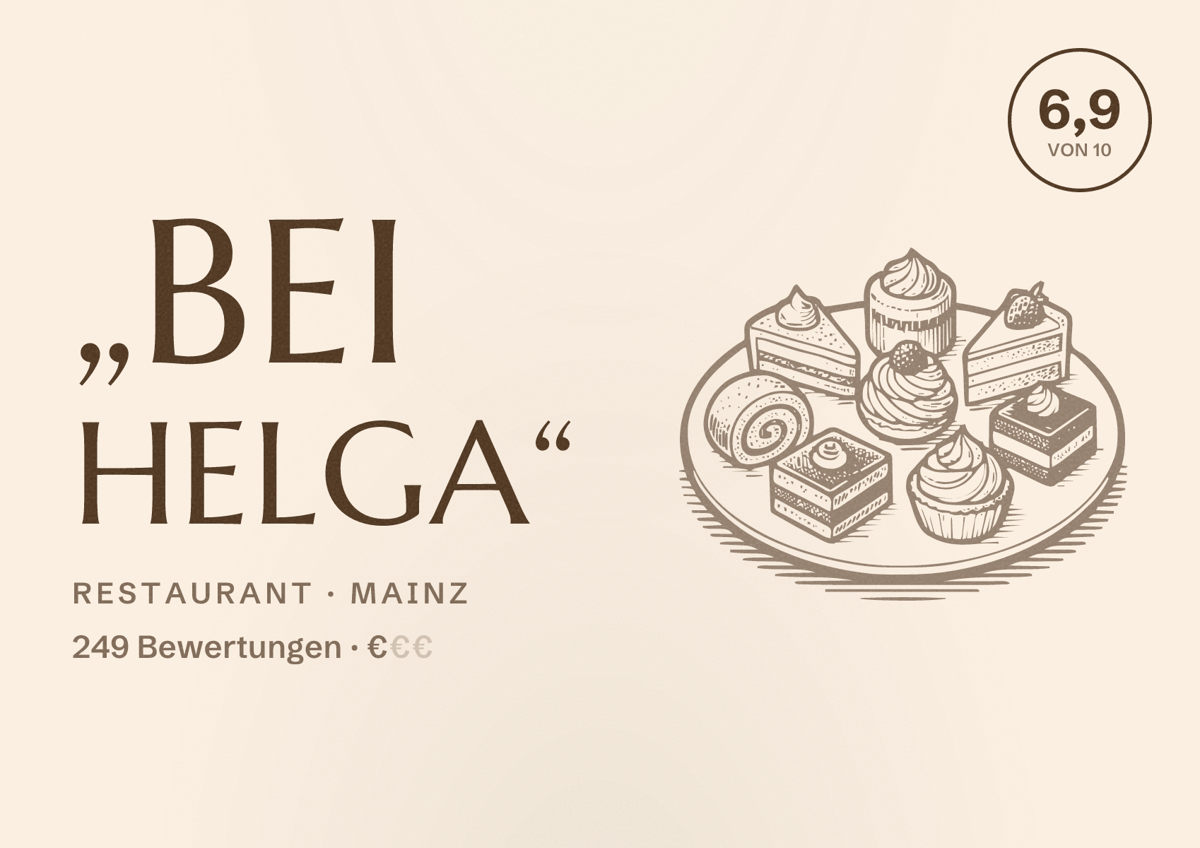 Illustriertes Poster von „Bei Helga“, Restaurant in Mainz: Bewertung 6,9 von 10 aus 249 Bewertungen, Preisniveau €