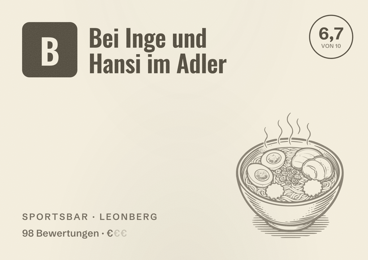 Illustriertes Poster von Bei Inge und Hansi im Adler, Sportsbar in Leonberg: Bewertung 6,7 von 10 aus 98 Bewertungen, Preisniveau €