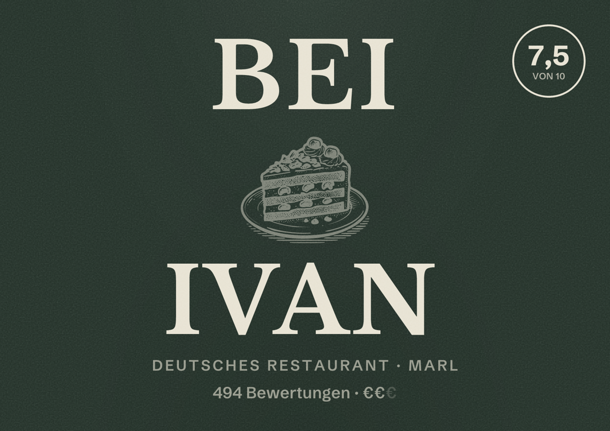 Illustriertes Poster von Bei Ivan, Deutsches Restaurant in Marl: Bewertung 7,5 von 10 aus 494 Bewertungen, Preisniveau €€