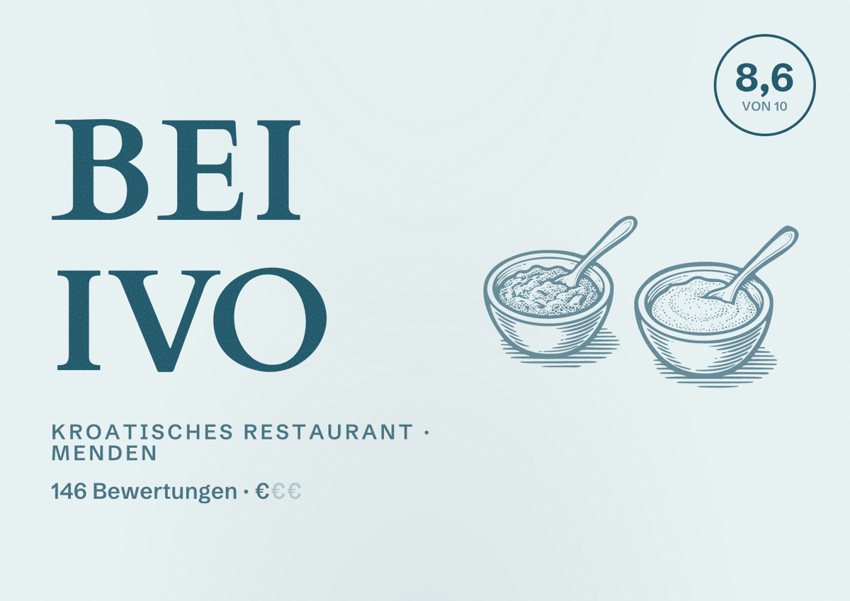Illustriertes Poster von Bei Ivo, Kroatisches Restaurant in Menden: Bewertung 8,6 von 10 aus 146 Bewertungen, Preisniveau €