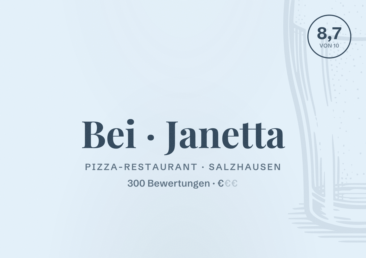 Illustriertes Poster von Bei Janetta, Pizza-Restaurant in Salzhausen: Bewertung 8,7 von 10 aus 300 Bewertungen, Preisniveau €
