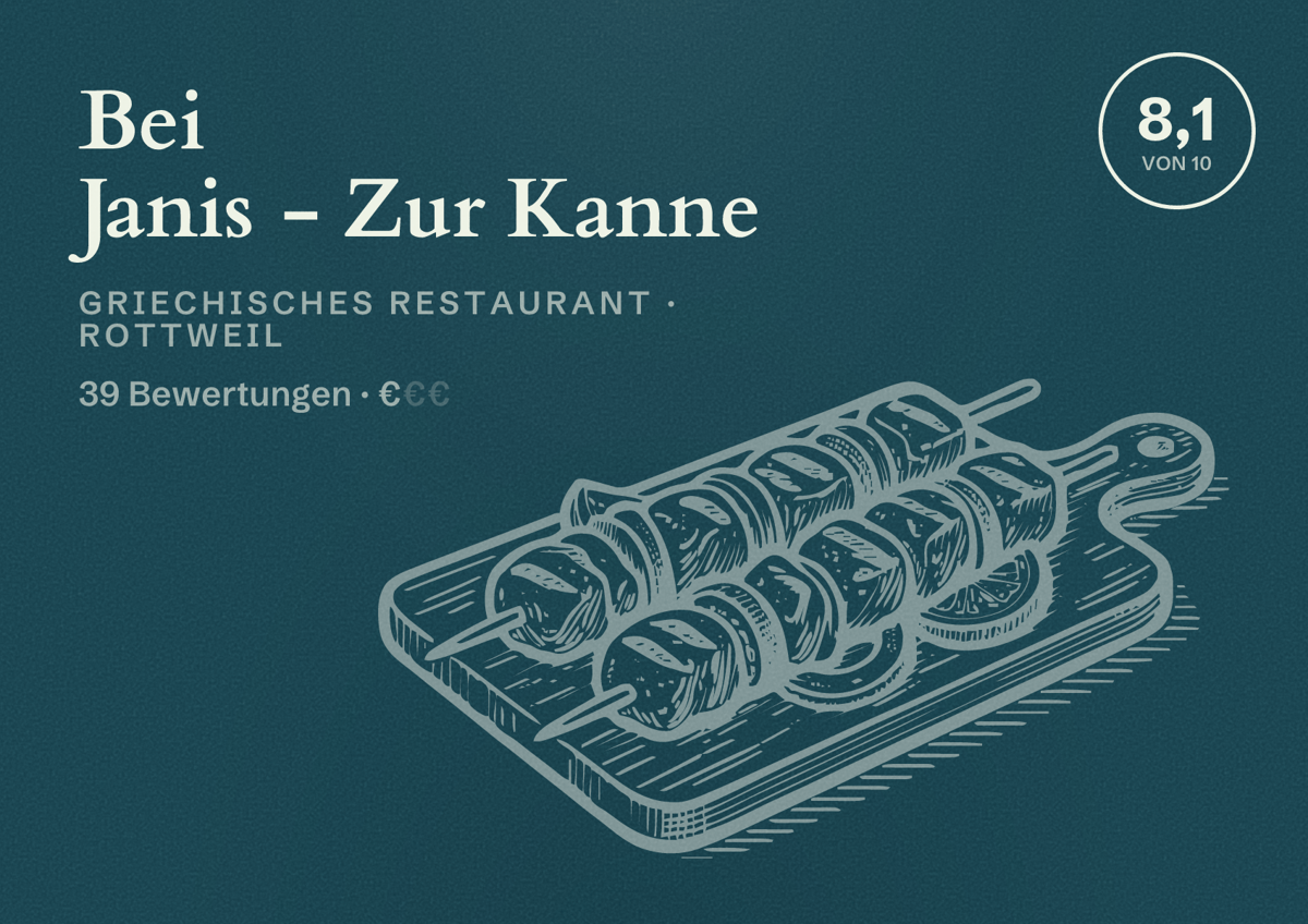 Illustriertes Poster von Bei Janis - Zur Kanne, Griechisches Restaurant in Rottweil: Bewertung 8,1 von 10 aus 39 Bewertungen, Preisniveau €
