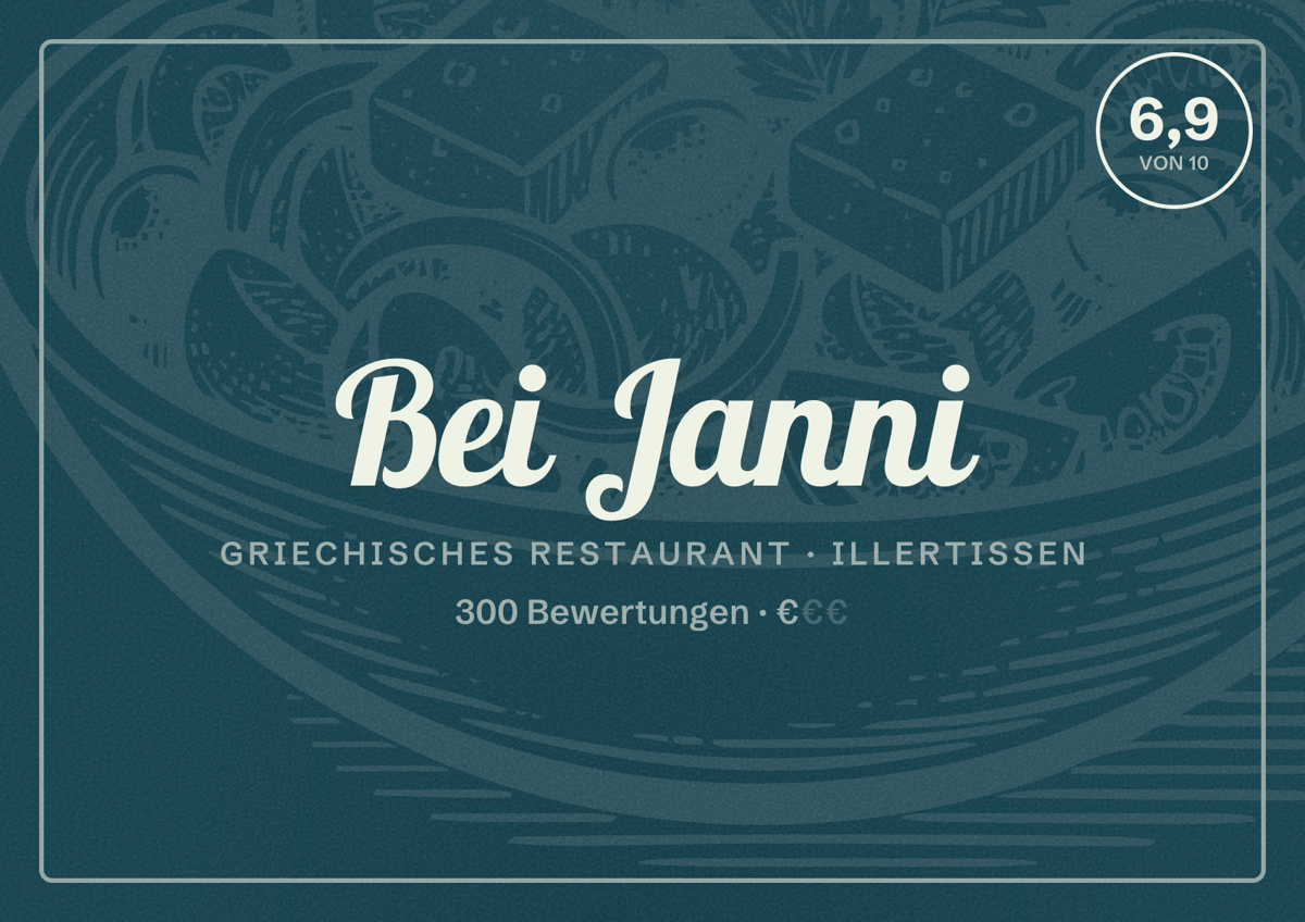 Illustriertes Poster von Bei Janni, Griechisches Restaurant in Illertissen: Bewertung 6,9 von 10 aus 300 Bewertungen, Preisniveau €