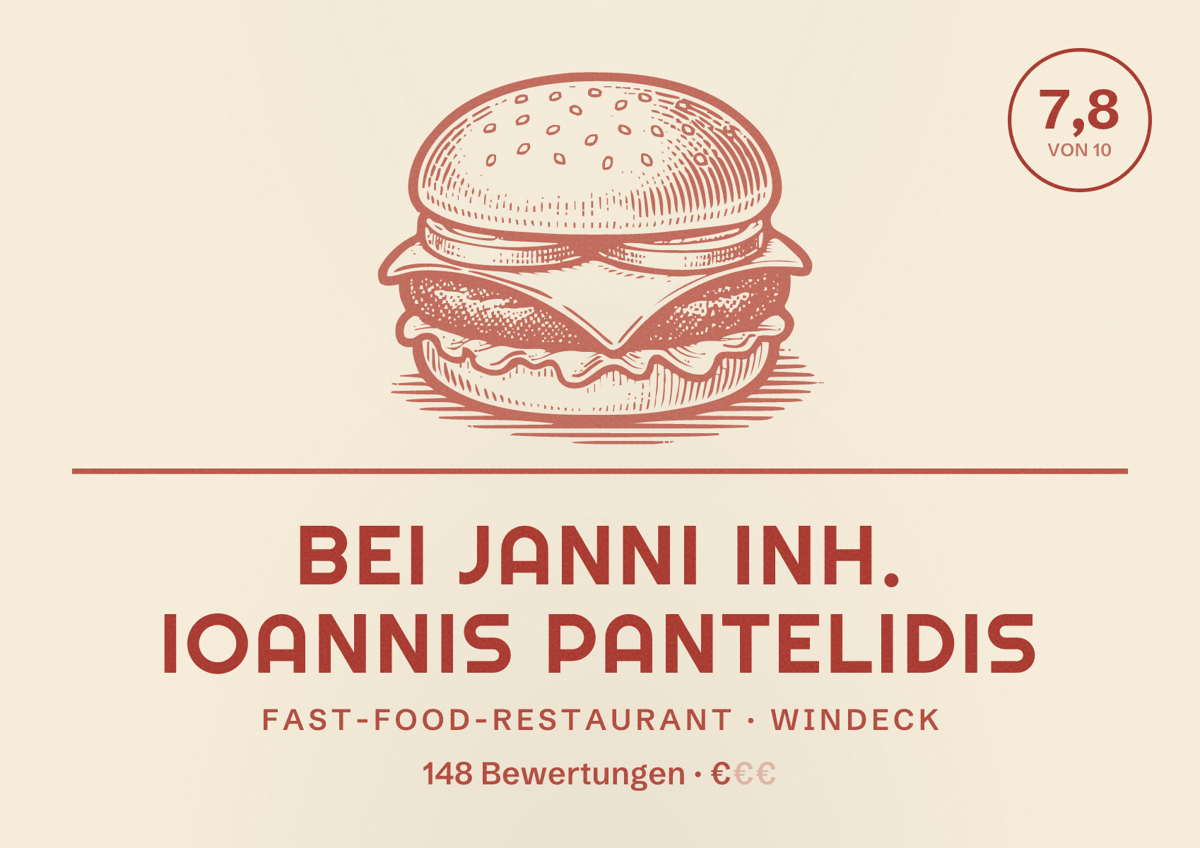 Illustriertes Poster von Bei Janni Inh. Ioannis Pantelidis, Fast-Food-Restaurant in Windeck: Bewertung 7,8 von 10 aus 148 Bewertungen, Preisniveau €