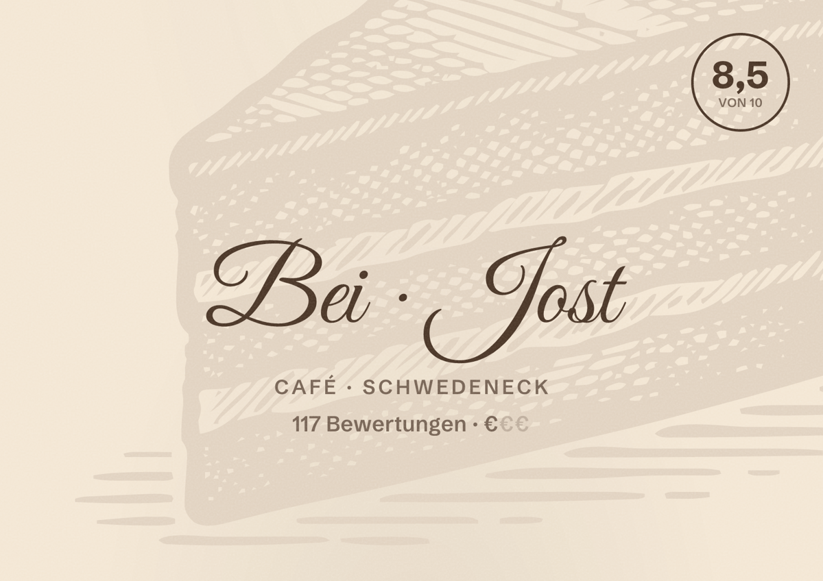 Illustriertes Poster von Bei Jost, Café in Schwedeneck: Bewertung 8,5 von 10 aus 117 Bewertungen, Preisniveau €