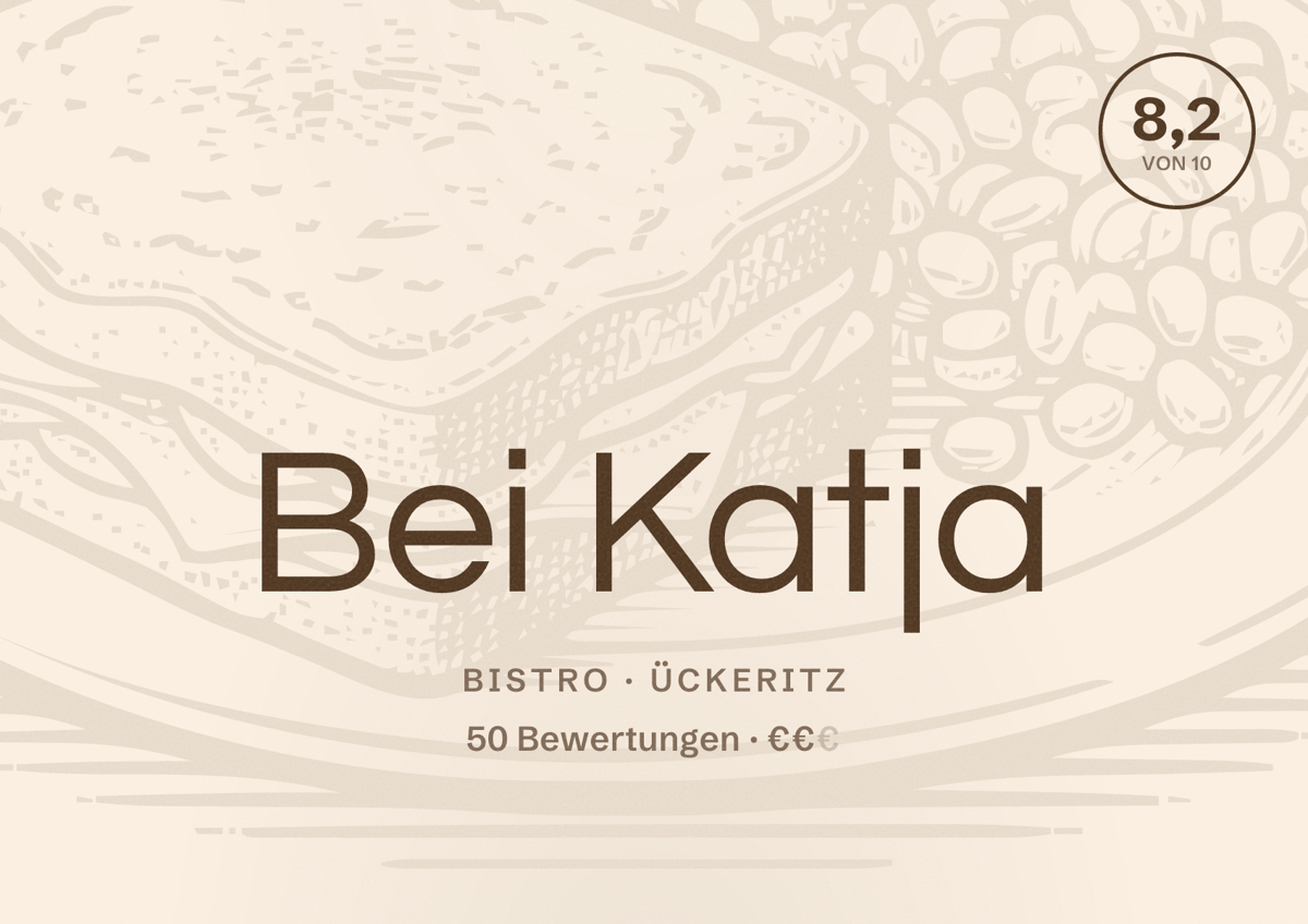 Illustriertes Poster von Bei Katja, Bistro in Ückeritz: Bewertung 8,2 von 10 aus 50 Bewertungen, Preisniveau €€
