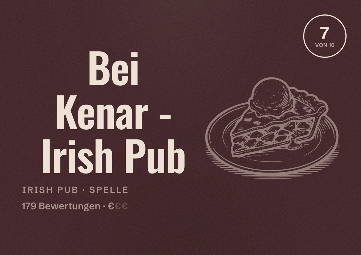Illustriertes Poster von Bei Kenar - Irish Pub, Irish Pub in Spelle: Bewertung 7 von 10 aus 179 Bewertungen, Preisniveau €