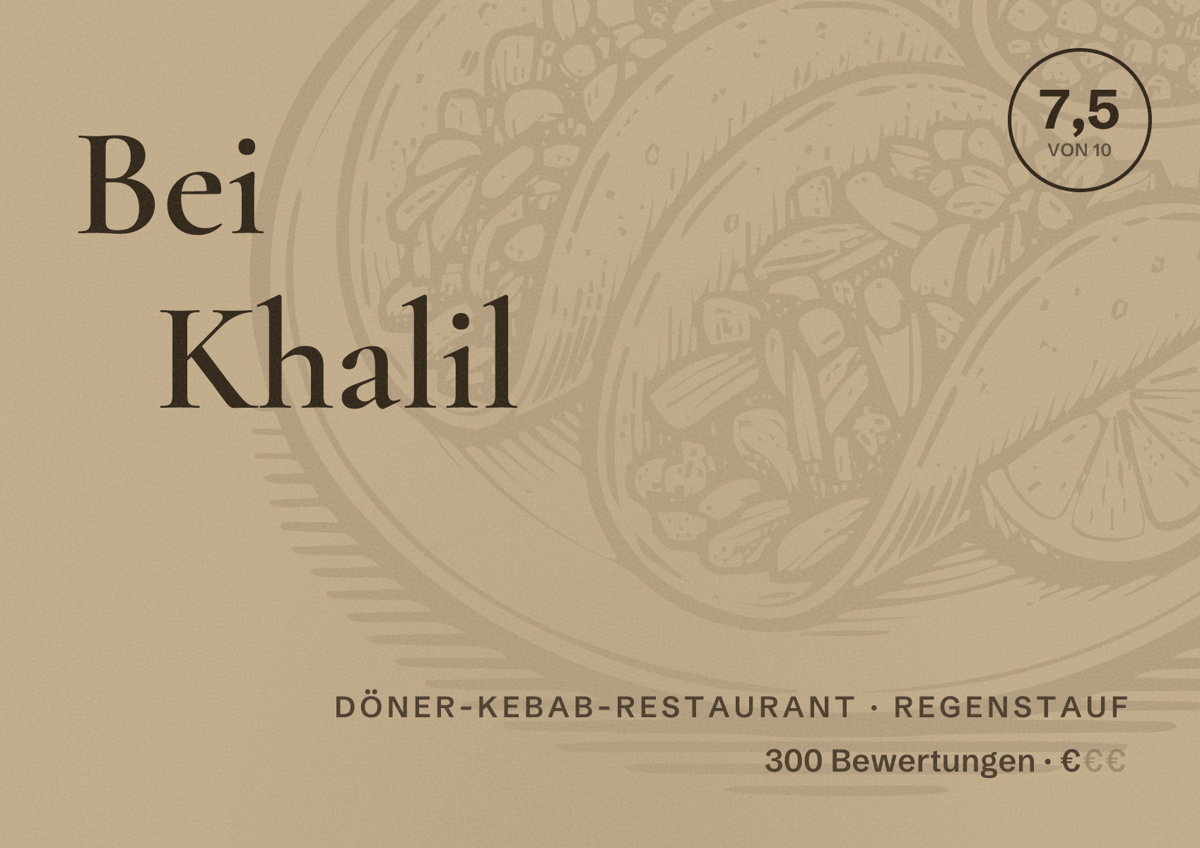 Illustriertes Poster von Bei Khalil, Döner-Kebab-Restaurant in Regenstauf: Bewertung 7,5 von 10 aus 300 Bewertungen, Preisniveau €