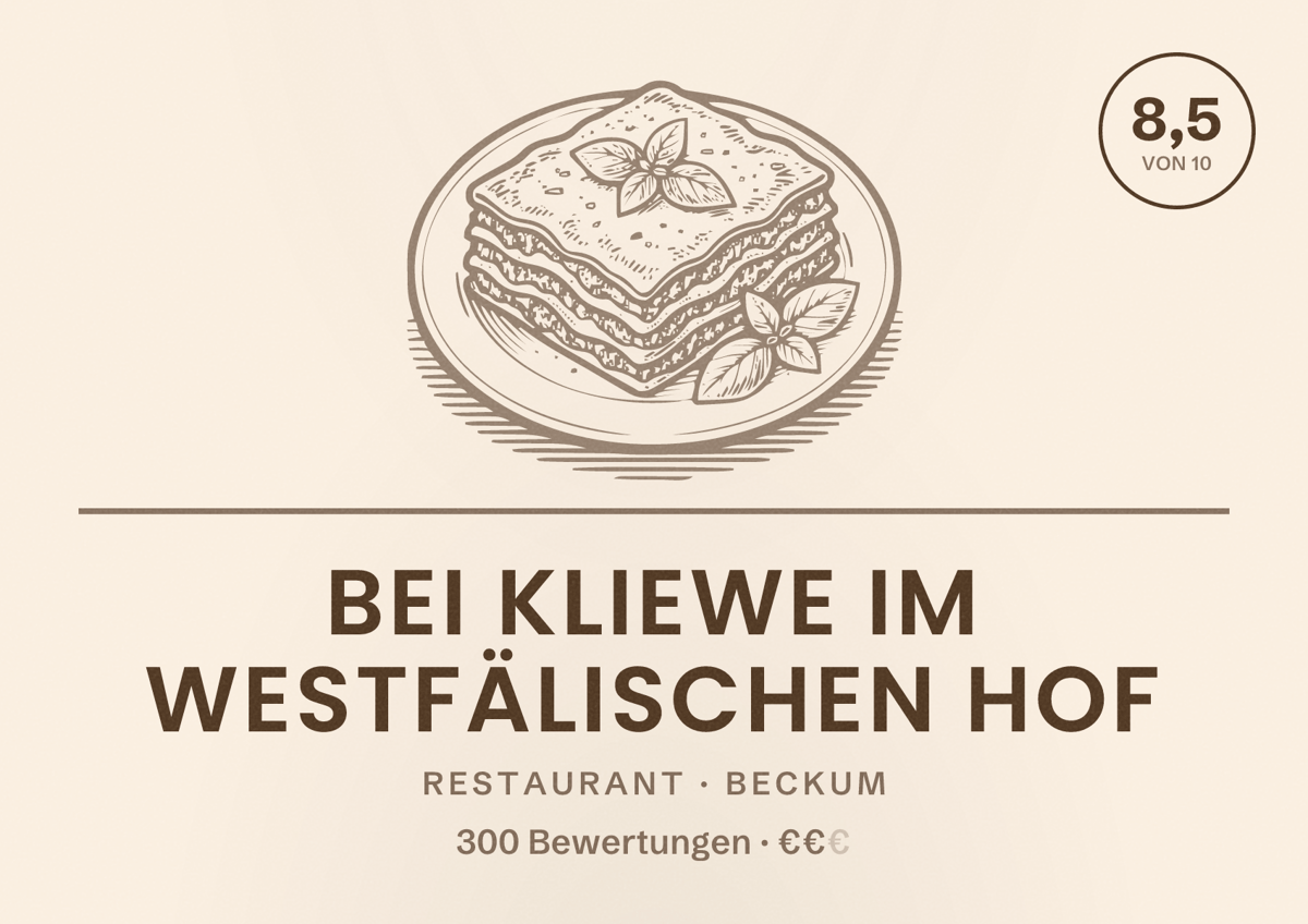 Illustriertes Poster von bei Kliewe im Westfälischen Hof, Restaurant in Beckum: Bewertung 8,5 von 10 aus 300 Bewertungen, Preisniveau €€