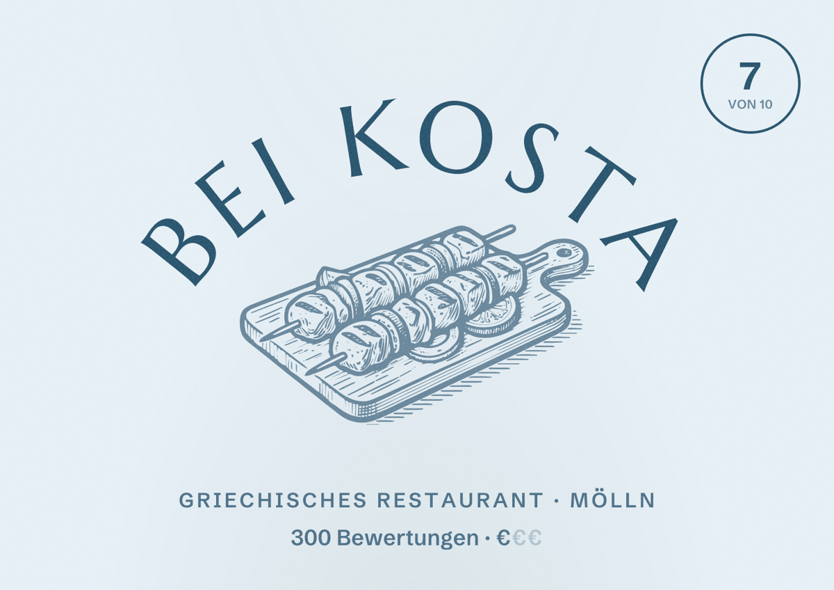 Illustriertes Poster von Bei Kosta, Griechisches Restaurant in Mölln: Bewertung 7 von 10 aus 300 Bewertungen, Preisniveau €