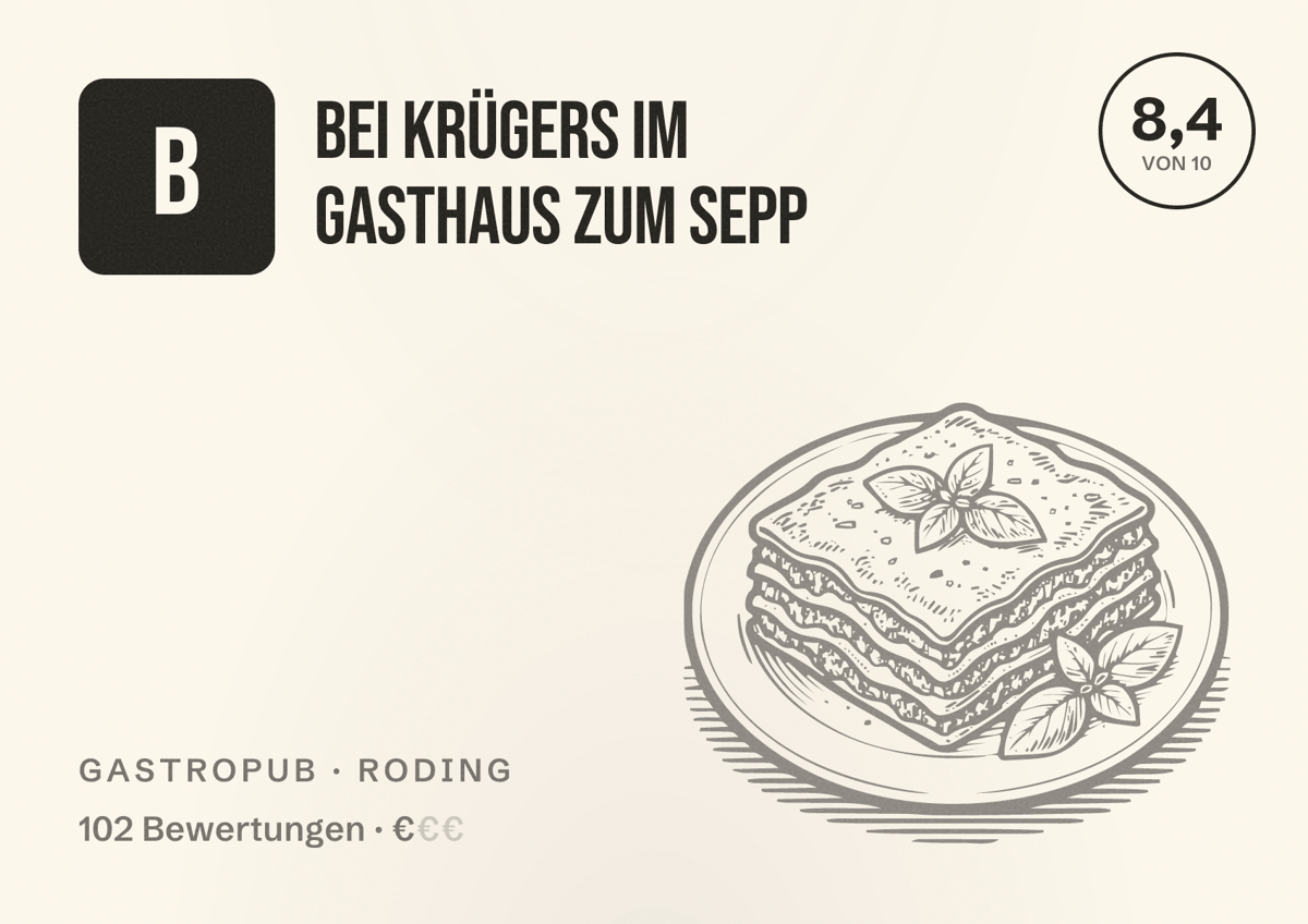 Illustriertes Poster von Bei Krügers im Gasthaus zum Sepp, Gastropub in Roding: Bewertung 8,4 von 10 aus 102 Bewertungen, Preisniveau €