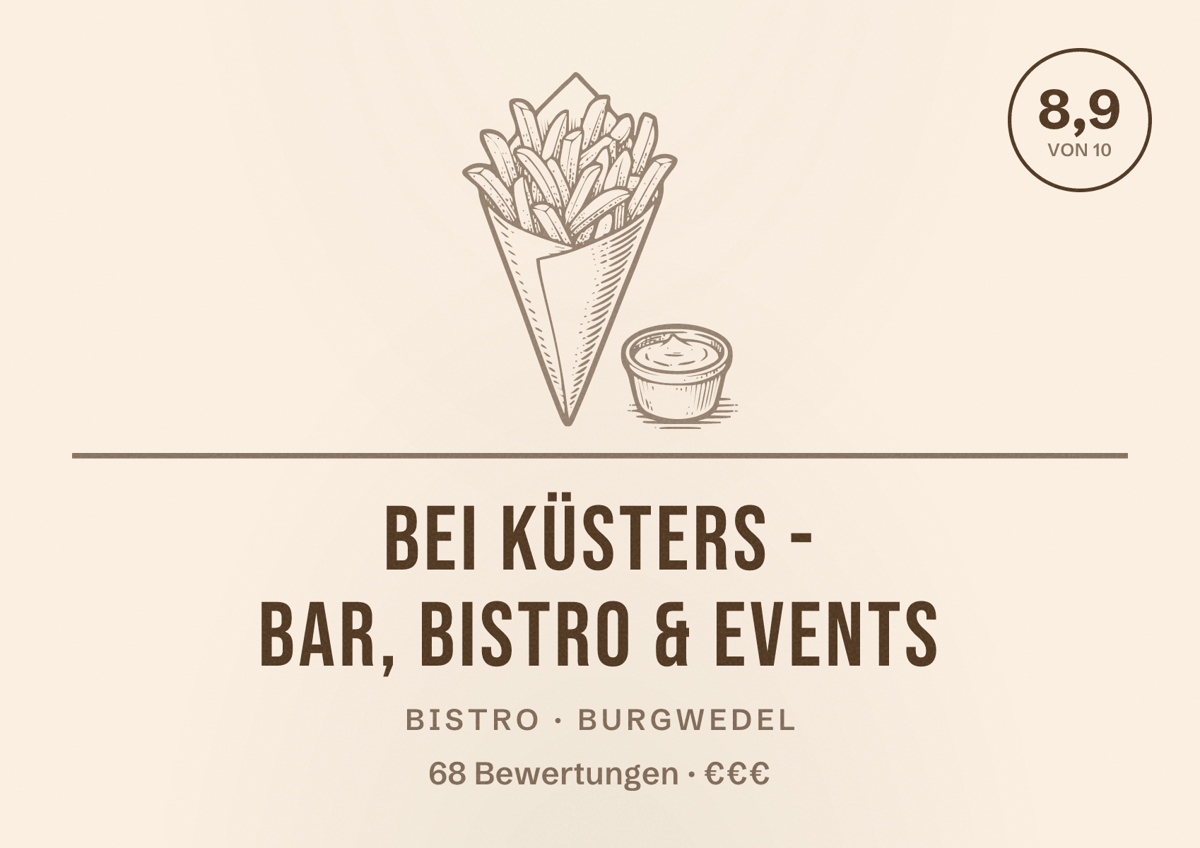 Illustriertes Poster von Bei Küsters - Bar, Bistro & Events, Bistro in Burgwedel: Bewertung 8,9 von 10 aus 68 Bewertungen, Preisniveau €€€