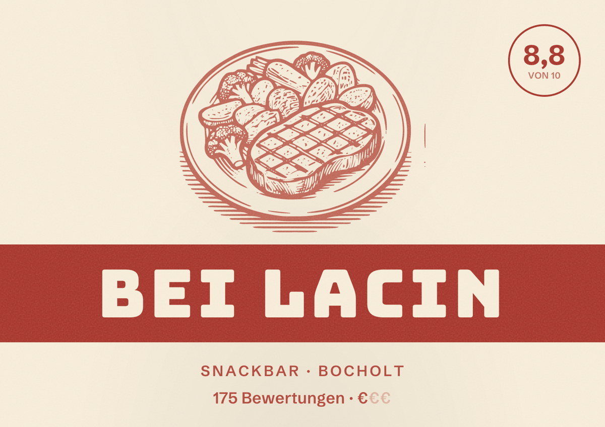 Illustriertes Poster von Bei Lacin, Snackbar in Bocholt: Bewertung 8,8 von 10 aus 175 Bewertungen, Preisniveau €