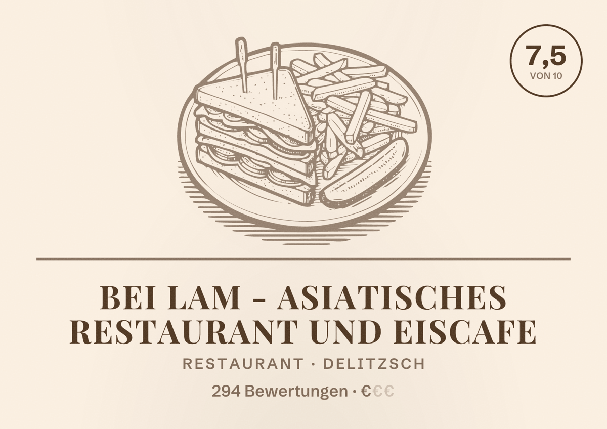Illustriertes Poster von Bei Lam - Asiatisches Restaurant Und Eiscafe, Restaurant in Delitzsch: Bewertung 7,5 von 10 aus 294 Bewertungen, Preisniveau €