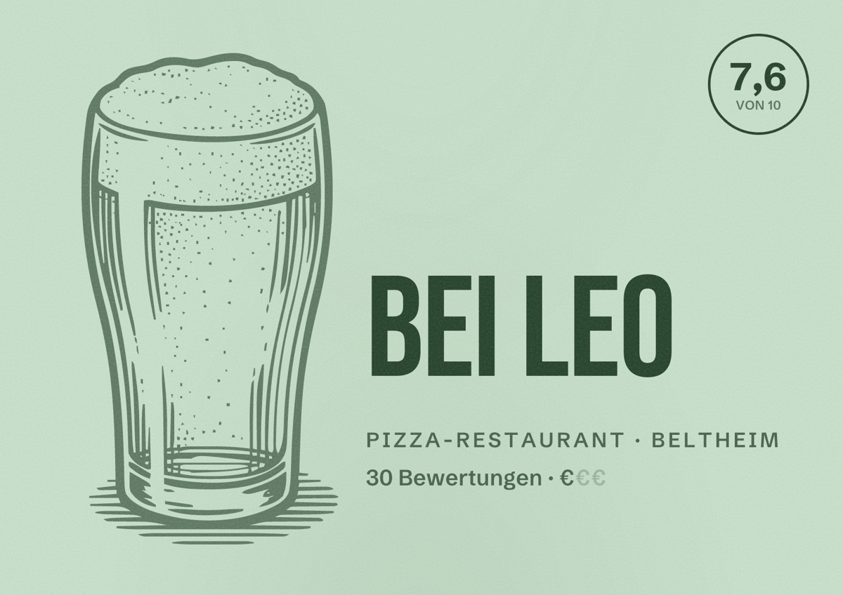 Illustriertes Poster von Bei Leo, Pizza-Restaurant in Beltheim: Bewertung 7,6 von 10 aus 30 Bewertungen, Preisniveau €