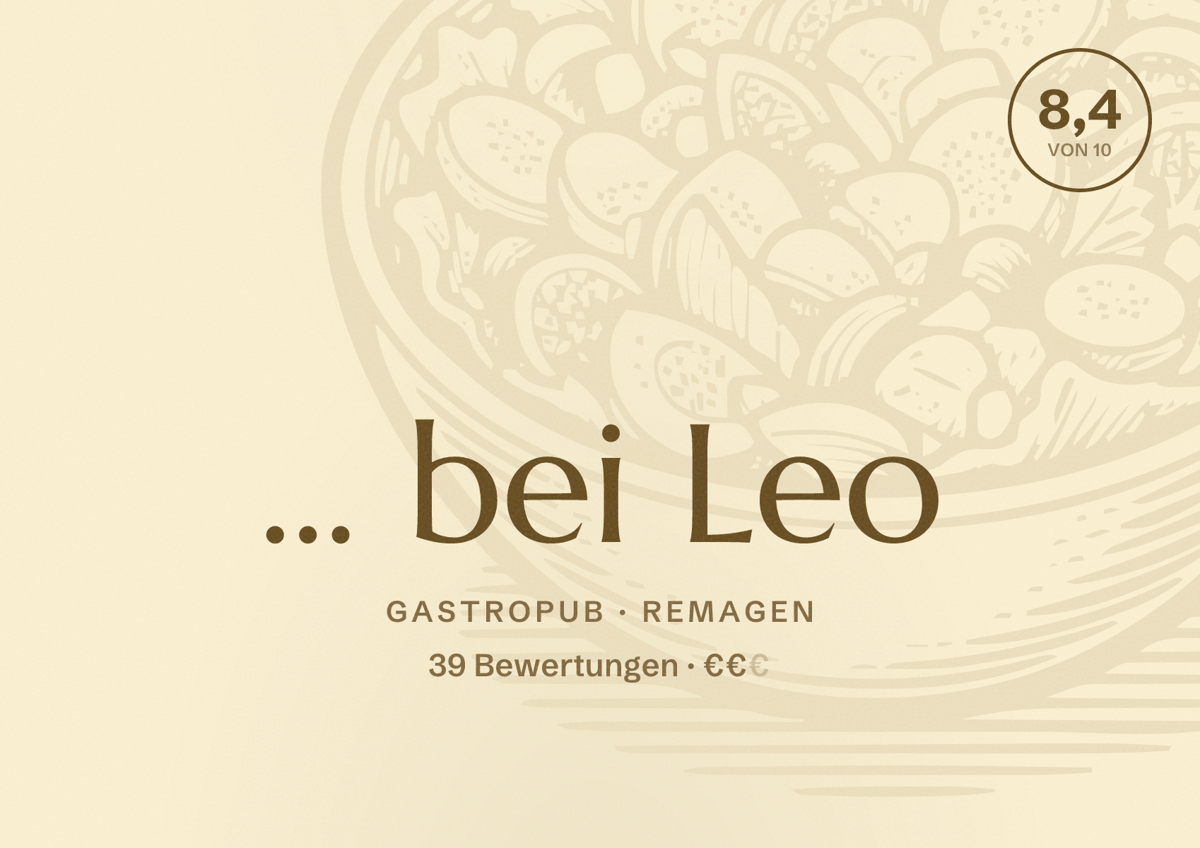 Illustriertes Poster von ... bei Leo, Gastropub in Remagen: Bewertung 8,4 von 10 aus 39 Bewertungen, Preisniveau €€