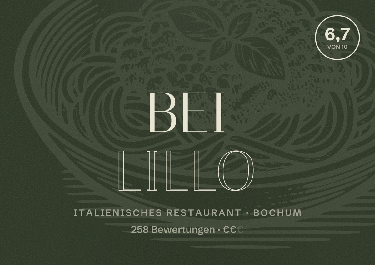 Illustriertes Poster von bei Lillo, Italienisches Restaurant in Bochum: Bewertung 6,7 von 10 aus 258 Bewertungen, Preisniveau €€