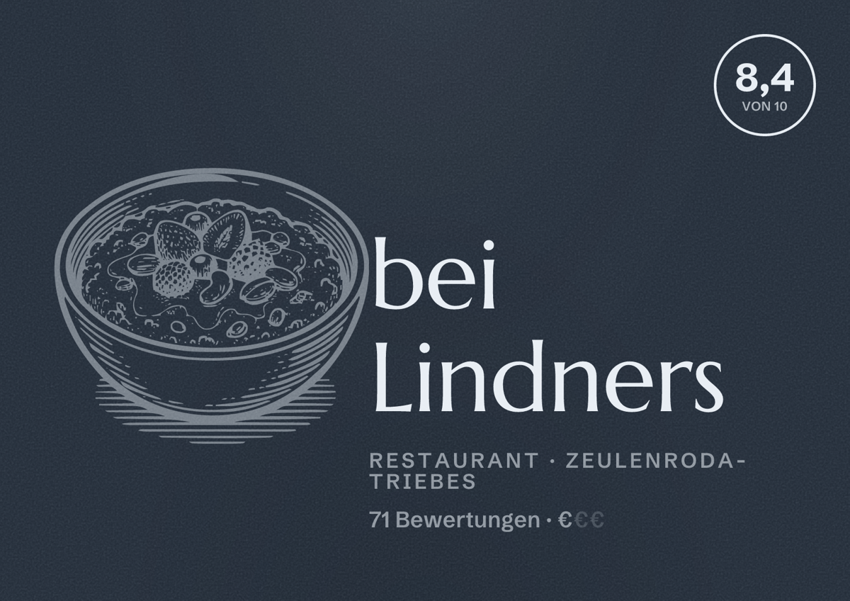 Illustriertes Poster von bei Lindners, Restaurant in Zeulenroda-Triebes: Bewertung 8,4 von 10 aus 71 Bewertungen, Preisniveau €