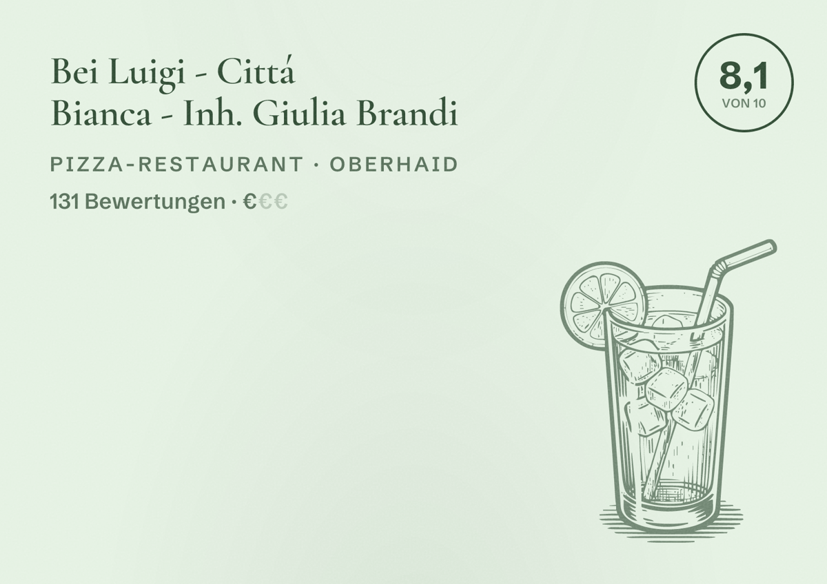 Illustriertes Poster von Bei Luigi - Cittá Bianca - Inh. Giulia Brandi, Pizza-Restaurant in Oberhaid: Bewertung 8,1 von 10 aus 131 Bewertungen, Preisniveau €