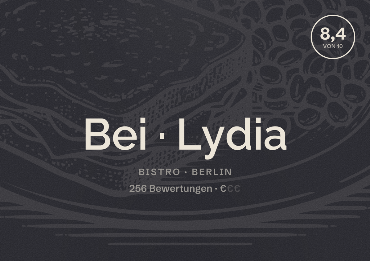 Illustriertes Poster von Bei Lydia, Bistro in Berlin: Bewertung 8,4 von 10 aus 256 Bewertungen, Preisniveau €