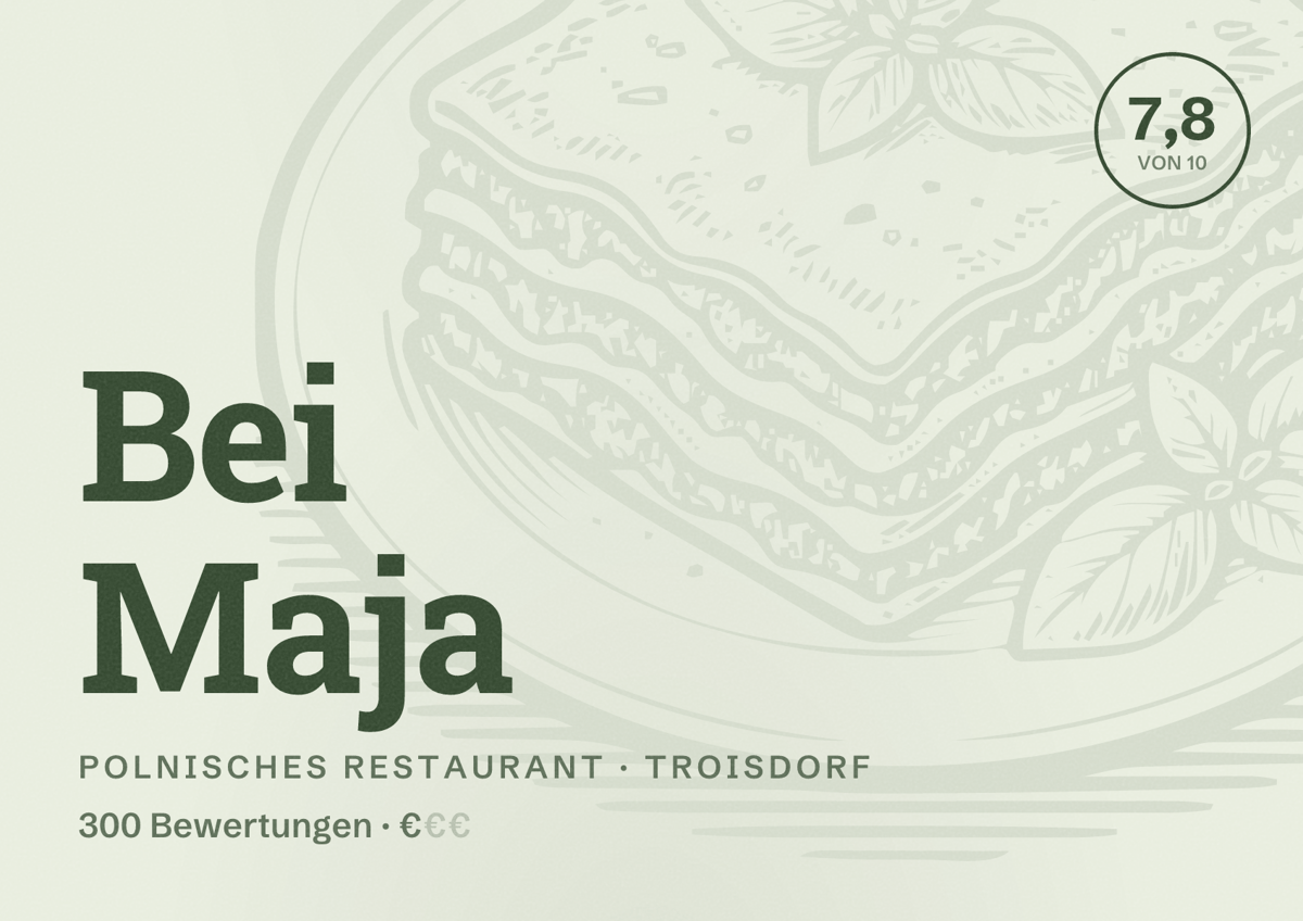 Illustriertes Poster von Bei Maja, Polnisches Restaurant in Troisdorf: Bewertung 7,8 von 10 aus 300 Bewertungen, Preisniveau €