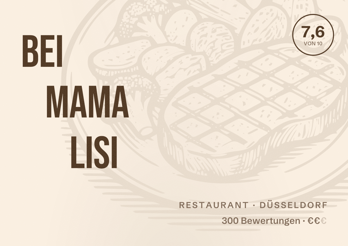 Illustriertes Poster von Bei Mama Lisi, Restaurant in Düsseldorf: Bewertung 7,6 von 10 aus 300 Bewertungen, Preisniveau €€