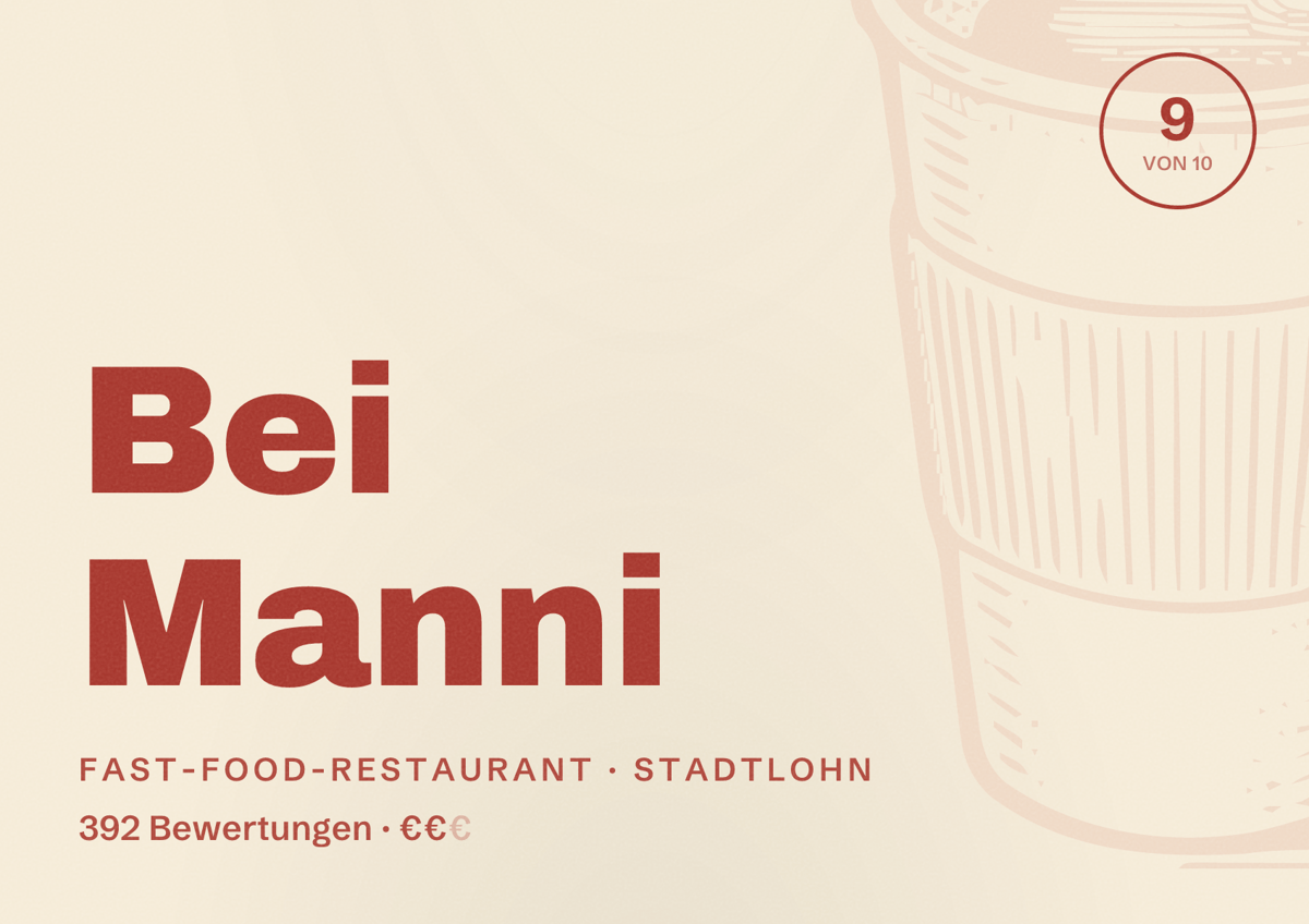 Illustriertes Poster von Bei Manni, Fast-Food-Restaurant in Stadtlohn: Bewertung 9,0 von 10 aus 392 Bewertungen, Preisniveau €€