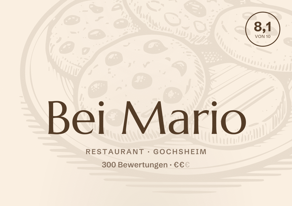 Illustriertes Poster von Bei Mario, Restaurant in Gochsheim: Bewertung 8,1 von 10 aus 300 Bewertungen, Preisniveau €€