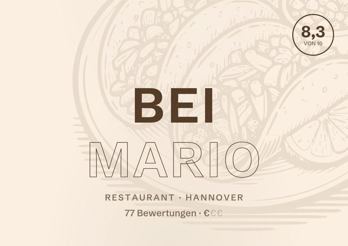 Illustriertes Poster von Bei Mario, Restaurant in Hannover: Bewertung 8,3 von 10 aus 77 Bewertungen, Preisniveau €