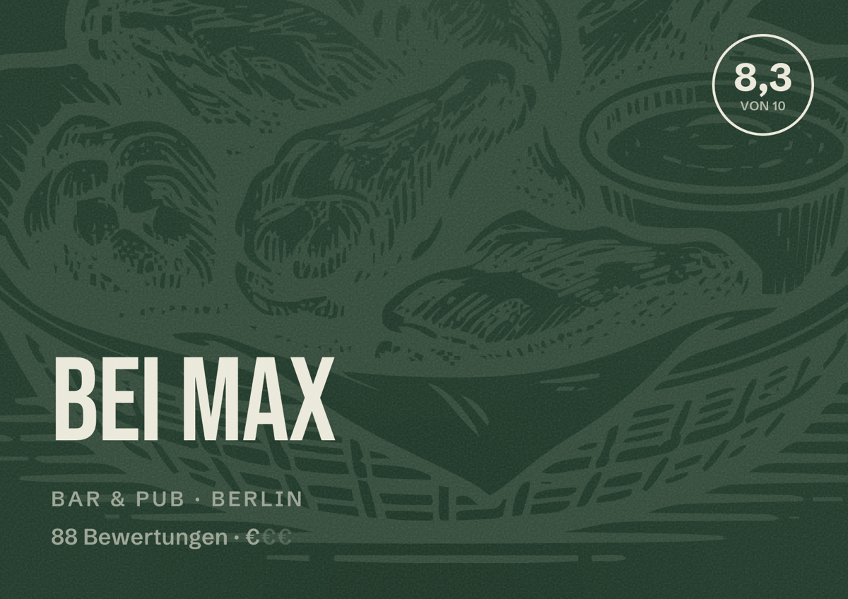 Illustriertes Poster von Bei Max, Bar & Pub in Berlin: Bewertung 8,3 von 10 aus 88 Bewertungen, Preisniveau €