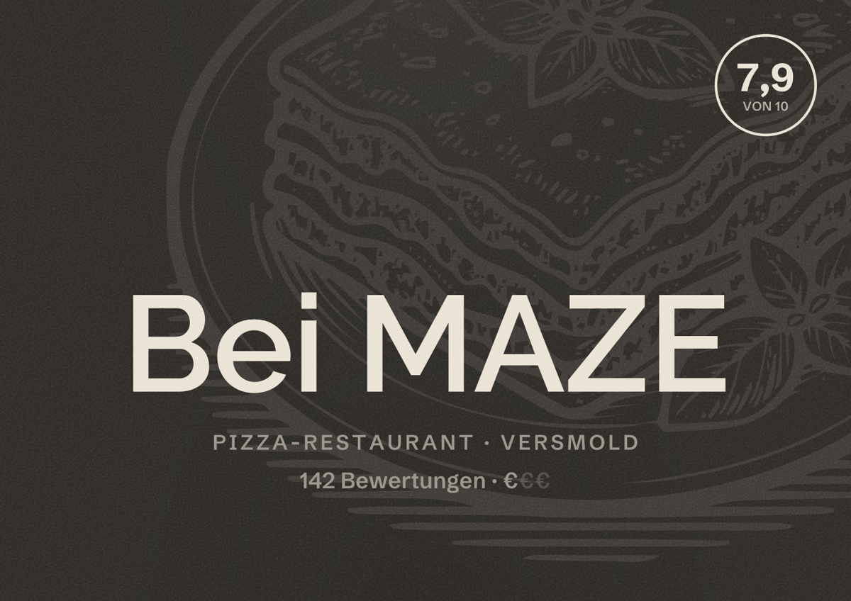 Illustriertes Poster von Bei MAZE, Pizza-Restaurant in Versmold: Bewertung 7,9 von 10 aus 142 Bewertungen, Preisniveau €