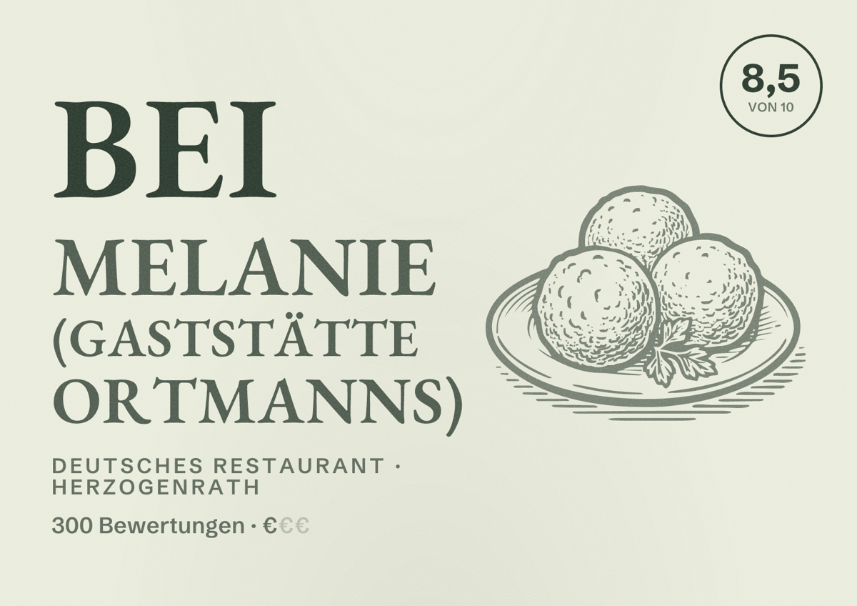 Illustriertes Poster von Bei Melanie (Gaststätte Ortmanns), Deutsches Restaurant in Herzogenrath: Bewertung 8,5 von 10 aus 300 Bewertungen, Preisniveau €