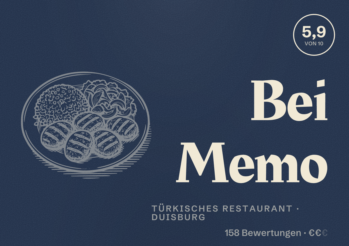 Illustriertes Poster von Bei Memo, Türkisches Restaurant in Duisburg: Gästebewertung 5,9 von 10 aus 158 Bewertungen