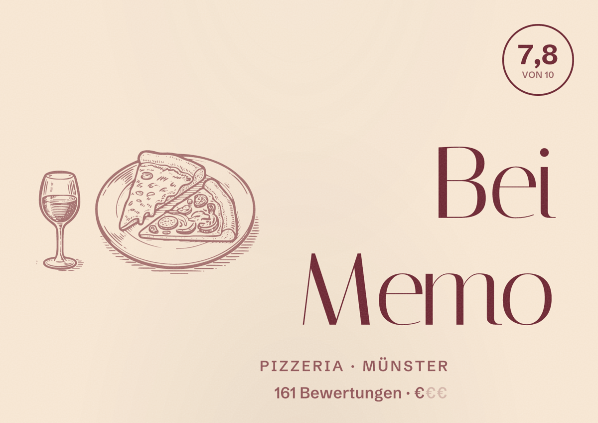 Illustriertes Poster von Bei Memo, Pizzeria in Münster: Bewertung 7,8 von 10 aus 161 Bewertungen, Preisniveau €