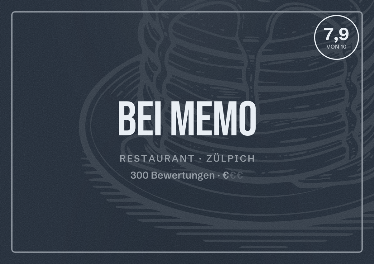 Illustriertes Poster von Bei Memo, Restaurant in Zülpich: Bewertung 7,9 von 10 aus 300 Bewertungen, Preisniveau €