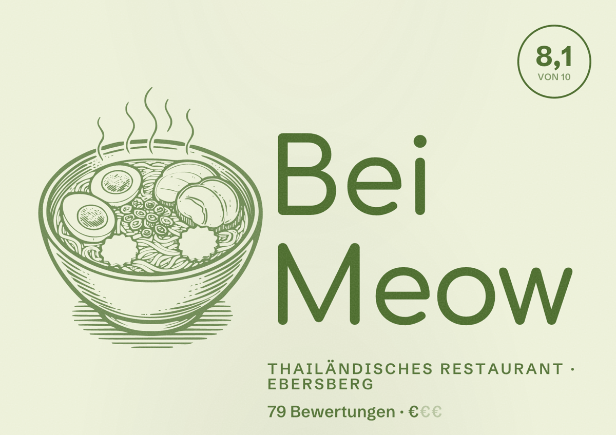 Illustriertes Poster von Bei Meow, Thailändisches Restaurant in Ebersberg: Bewertung 8,1 von 10 aus 79 Bewertungen, Preisniveau €