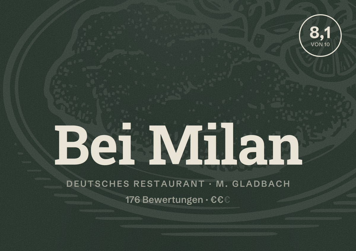 Illustriertes Poster von Bei Milan, Deutsches Restaurant in M. Gladbach: Bewertung 8,1 von 10 aus 176 Bewertungen, Preisniveau €€