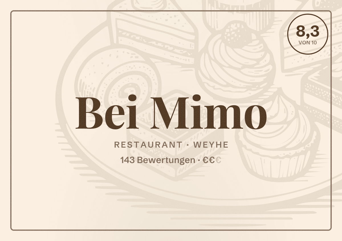 Illustriertes Poster von Bei Mimo, Restaurant in Weyhe: Bewertung 8,3 von 10 aus 143 Bewertungen, Preisniveau €€