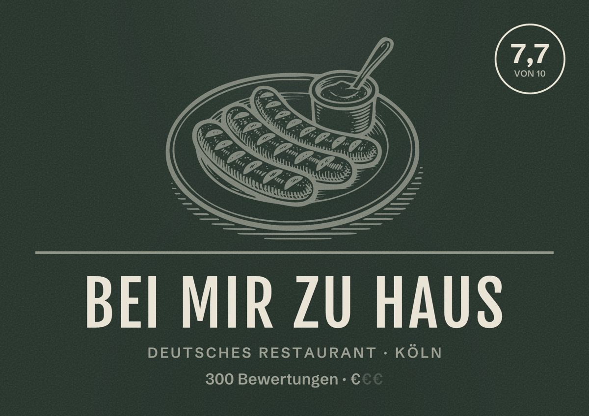 Illustriertes Poster von Bei mir zu Haus, Deutsches Restaurant in Köln: Bewertung 7,7 von 10 aus 300 Bewertungen, Preisniveau €