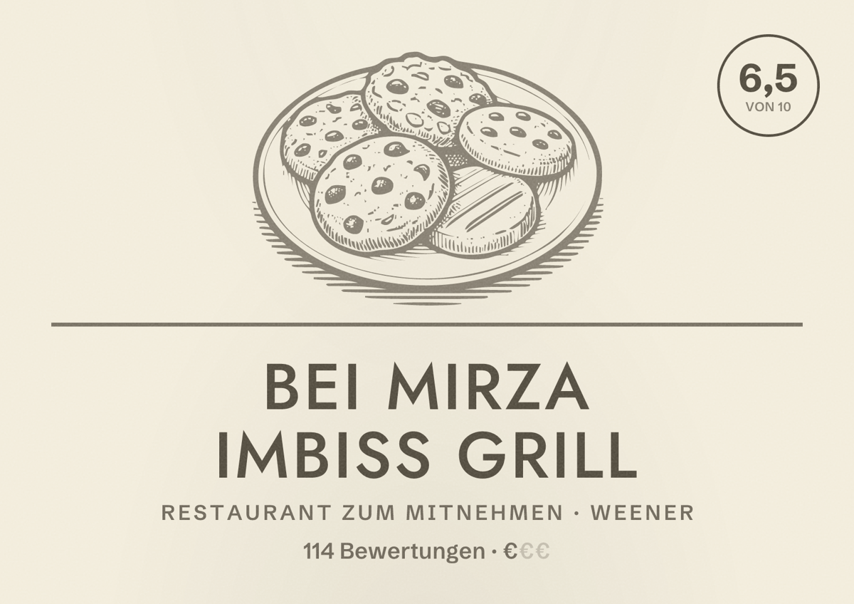 Illustriertes Poster von Bei Mirza Imbiss Grill, Restaurant zum Mitnehmen in Weener: Bewertung 6,5 von 10 aus 114 Bewertungen, Preisniveau €