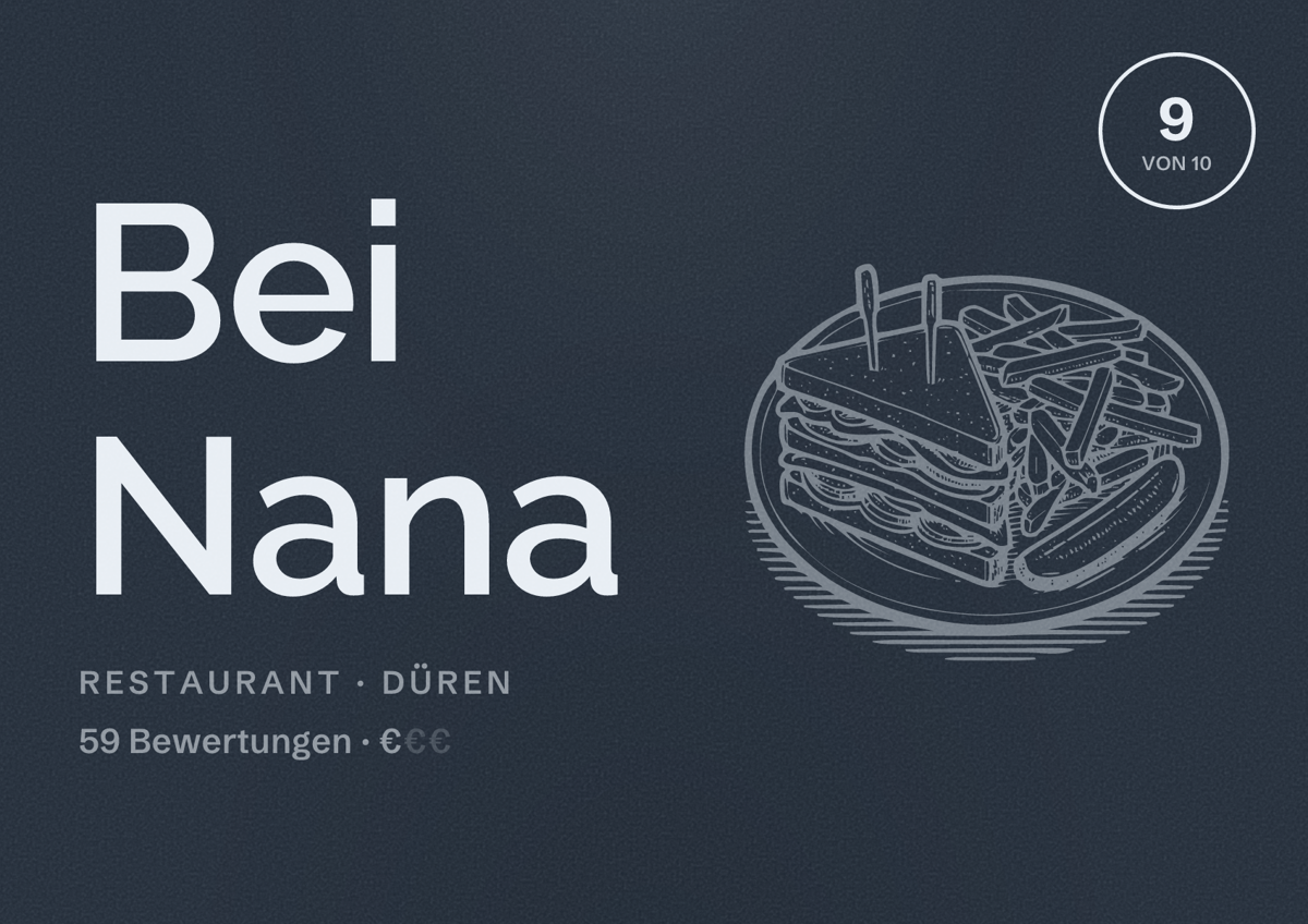 Illustriertes Poster von Bei Nana, Restaurant in Düren: Bewertung 9 von 10 aus 59 Bewertungen, Preisniveau €