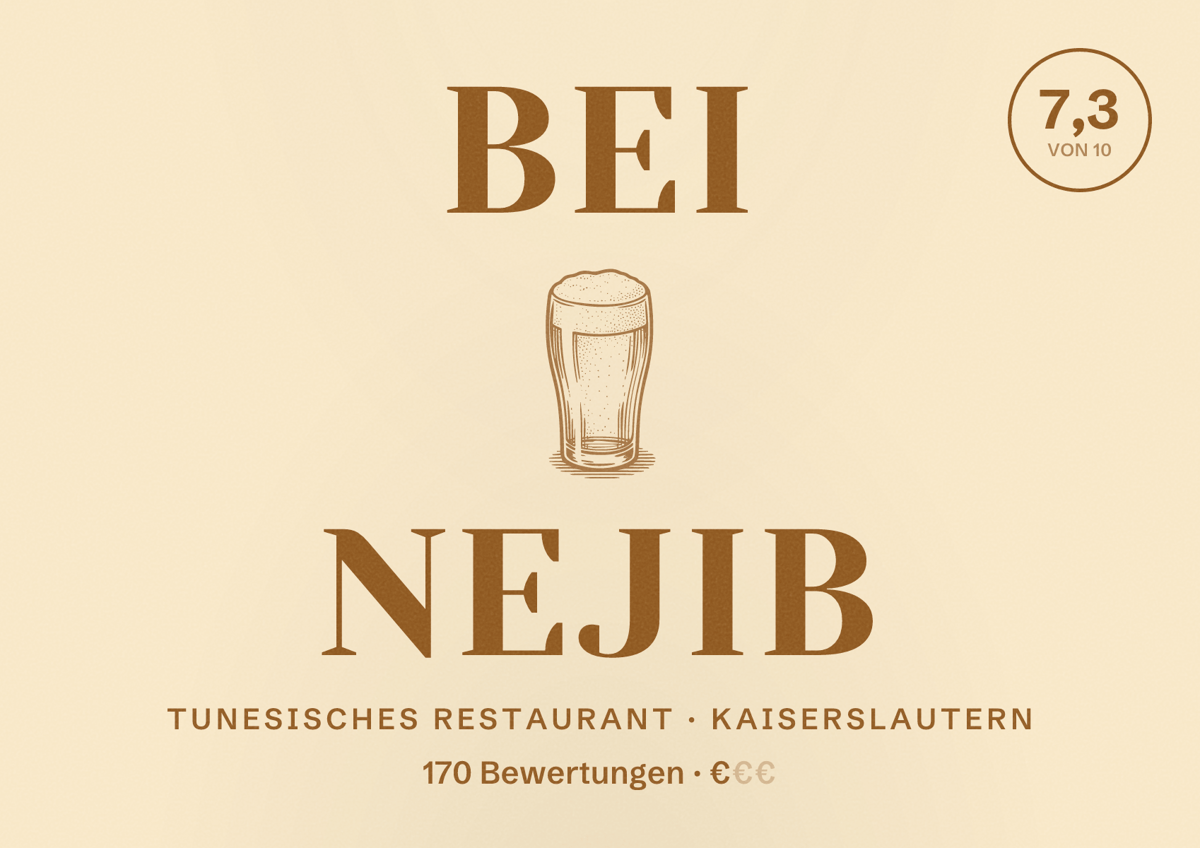 Illustriertes Poster von Bei Nejib, Tunesisches Restaurant in Kaiserslautern: Bewertung 7,3 von 10 aus 170 Bewertungen, Preisniveau €