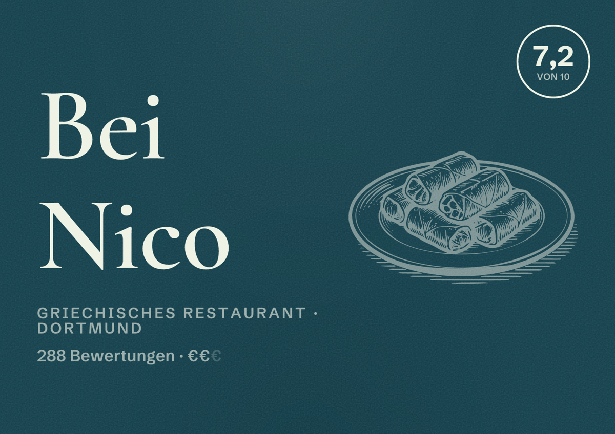 Illustriertes Poster von Bei Nico, Griechisches Restaurant in Dortmund: Bewertung 7,2 von 10 aus 288 Bewertungen, Preisniveau €€