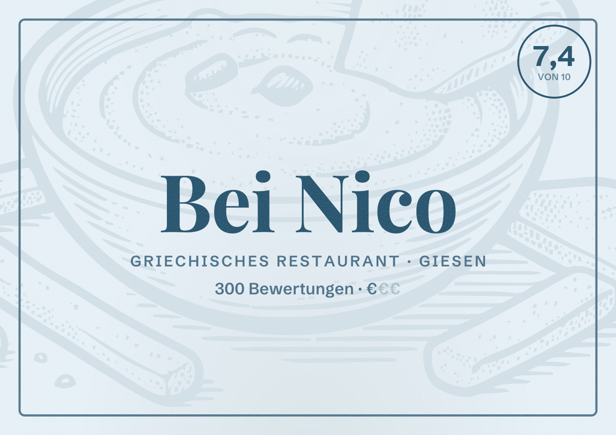 Illustriertes Poster von Bei Nico, Griechisches Restaurant in Giesen: Bewertung 7,4 von 10 aus 300 Bewertungen, Preisniveau €