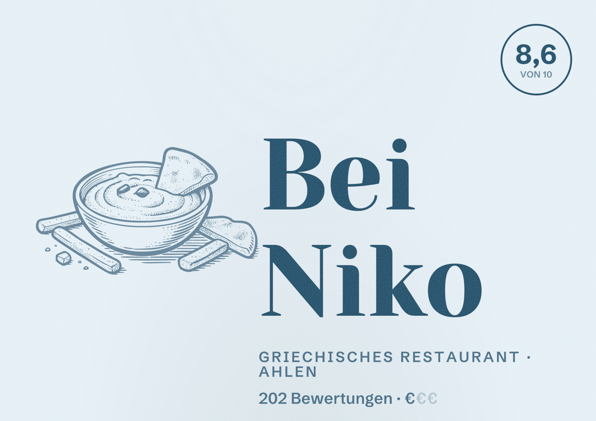 Illustriertes Poster von Bei Niko, Griechisches Restaurant in Ahlen: Bewertung 8,6 von 10 aus 202 Bewertungen, Preisniveau €