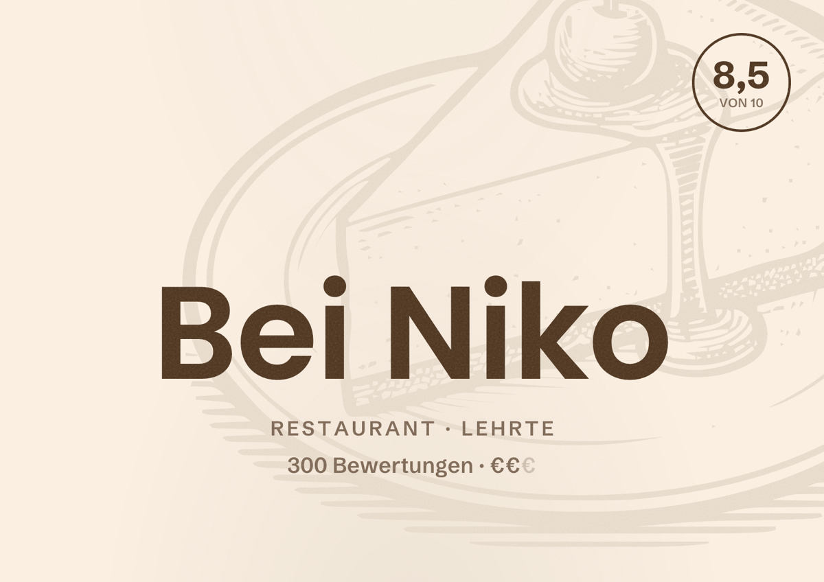 Illustriertes Poster von Bei Niko, Restaurant in Lehrte: Bewertung 8,5 von 10 aus 300 Bewertungen, Preisniveau €€